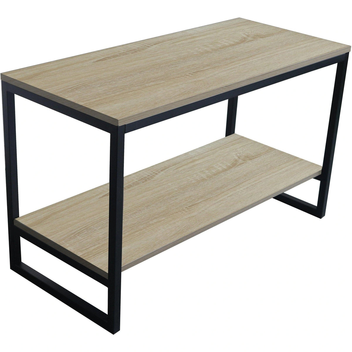 Black frame Austin TV stand with light beige wood-grain shelves