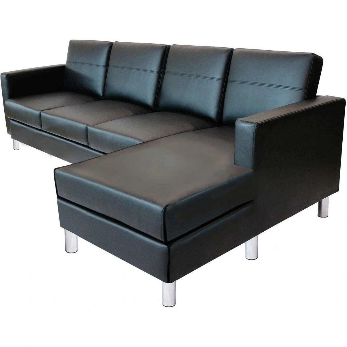 Sleek black leather sectional sofa with right chaise and glossy metal legs