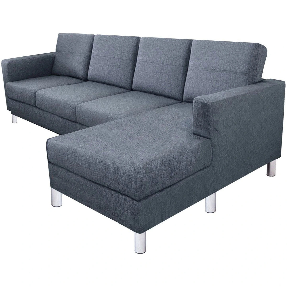 Front view of blue-grey textured fabric sectional sofa with left chaise lounge