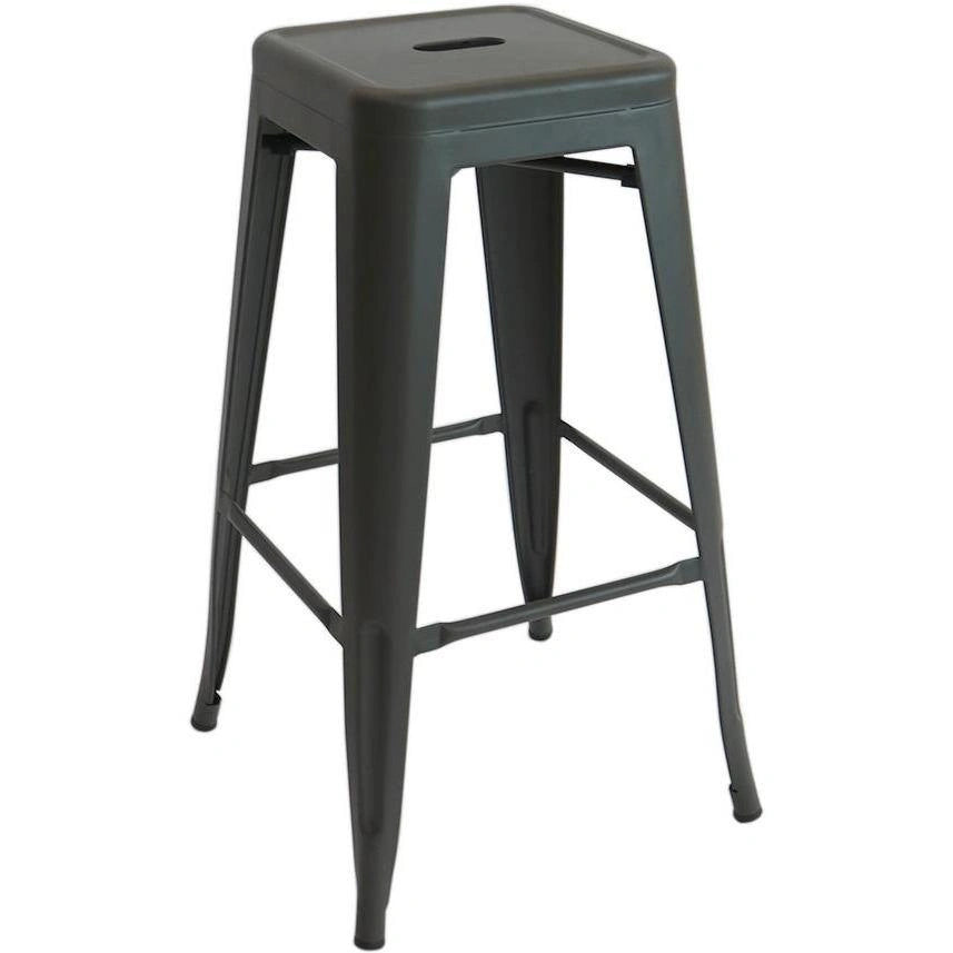 Dark grey industrial steel stool with square seat and cross-bracing