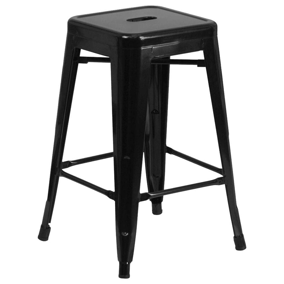 Glossy black bar height stool with angled legs and central cutout handle