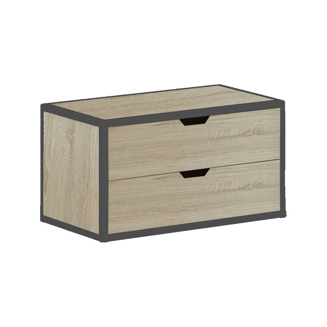 Metta 2-drawer stackable chest with light wood grain finish and dark grey frame