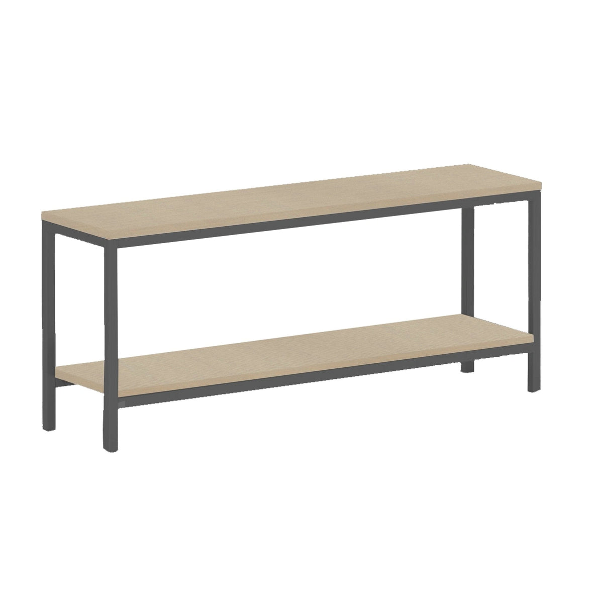 Dark grey metal frame entertainment console with light tan wood-grain shelves