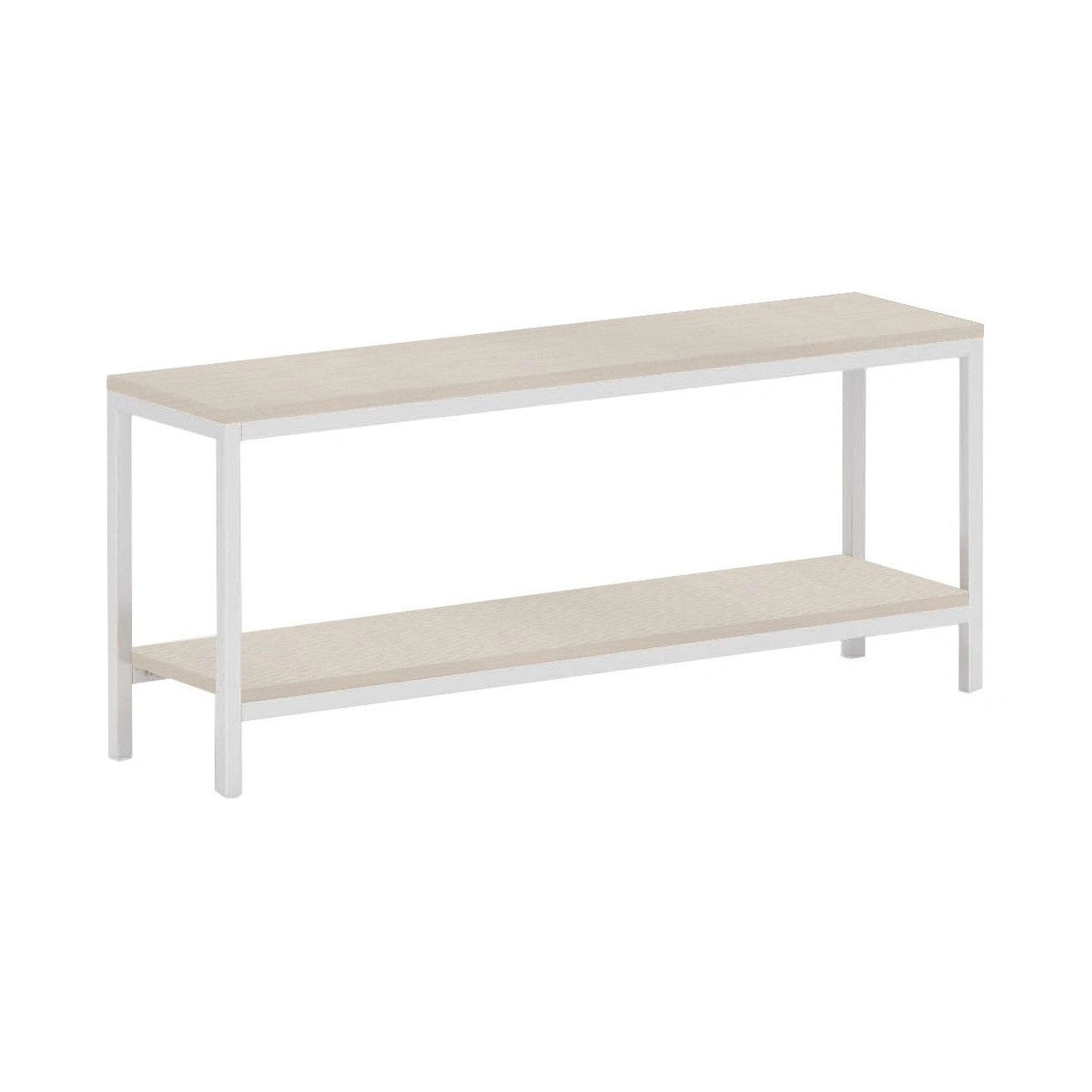 White metal frame two-tier open shelving unit with light beige textured shelves