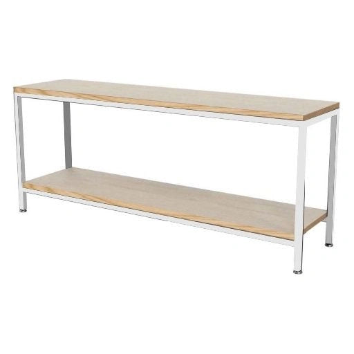 Minimalist industrial TV stand with white metal frame and natural wood shelves