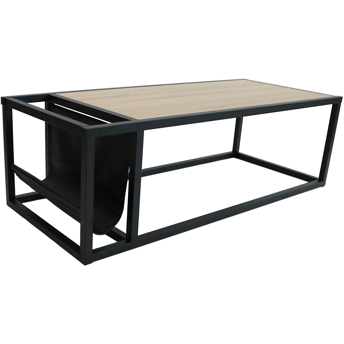 Venice coffee table with light wood top and black vinyl storage pocket