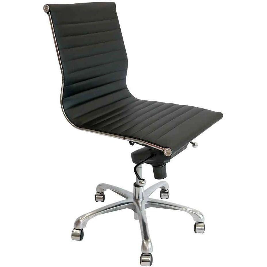 Black ribbed vinyl Venice desk chair without arms, chrome frame, gas lift seat, and rolling casters