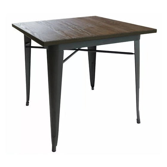 Venice wooden top dining table with black stamped steel frame and tapered legs