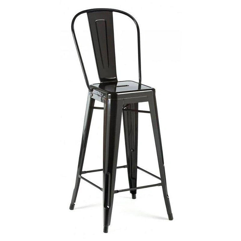 Glossy black Venice bar stool with indented backrest and crossbar legs
